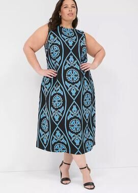 Lane Bryant NWT Satin Crew Neck Shift Midi Dress in Blue Medallion Size 22
